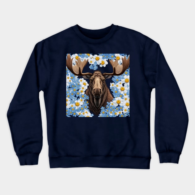 Moose And Alaska Forget-Me-Not Flowers Crewneck Sweatshirt by taiche